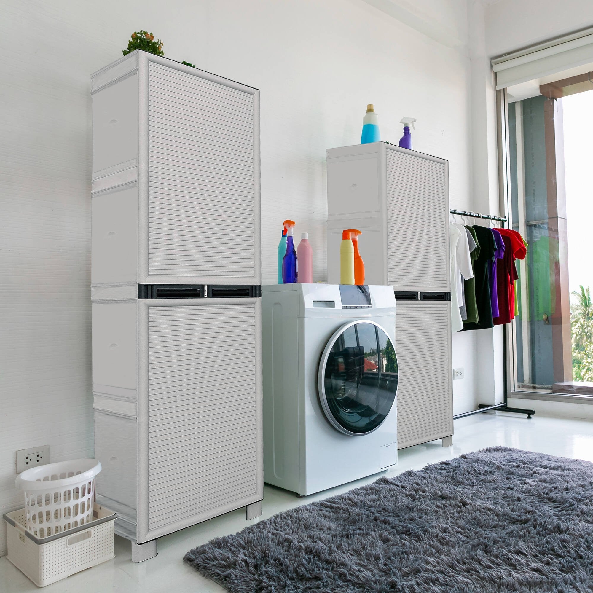 Armadio portascope da esterno o Achae, Mobile a 1 anta e 3 ripiani in polipropilene, 100% Made in Italy, cm 50x39h172, colore Grigio chiaro