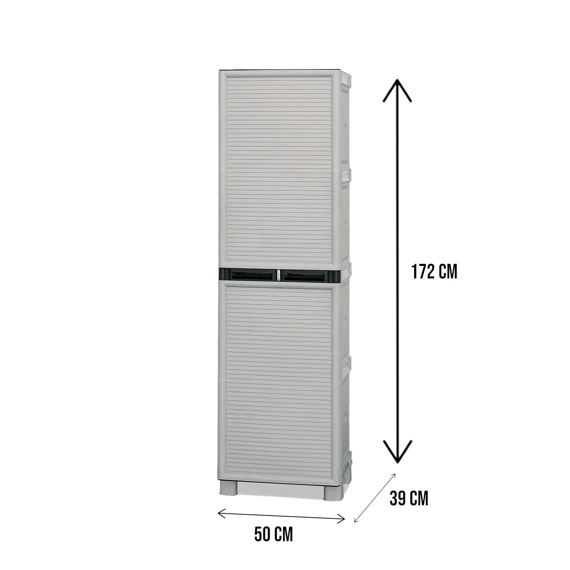 Armadio portascope da esterno o Achae, Mobile a 1 anta e 3 ripiani in polipropilene, 100% Made in Italy, cm 50x39h172, colore Grigio chiaro