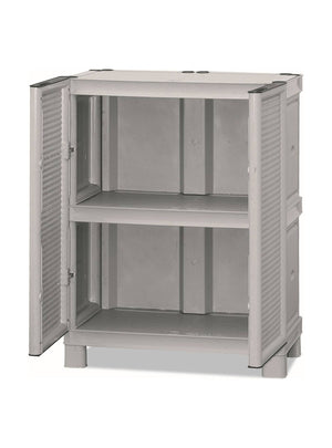 Mobiletto multiuso da esterno o Arlinda, Armadio basso a 2 ante e 1 ripiano in polipropilene, 100% Made in Italy, cm 70x39h92, colore Grigio chiaro