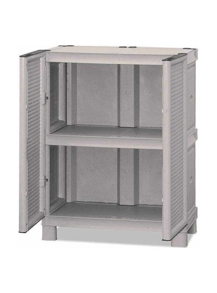 Mobiletto multiuso da esterno o Arlinda, Armadio basso a 2 ante e 1 ripiano in polipropilene, 100% Made in Italy, cm 70x39h92, colore Grigio chiaro