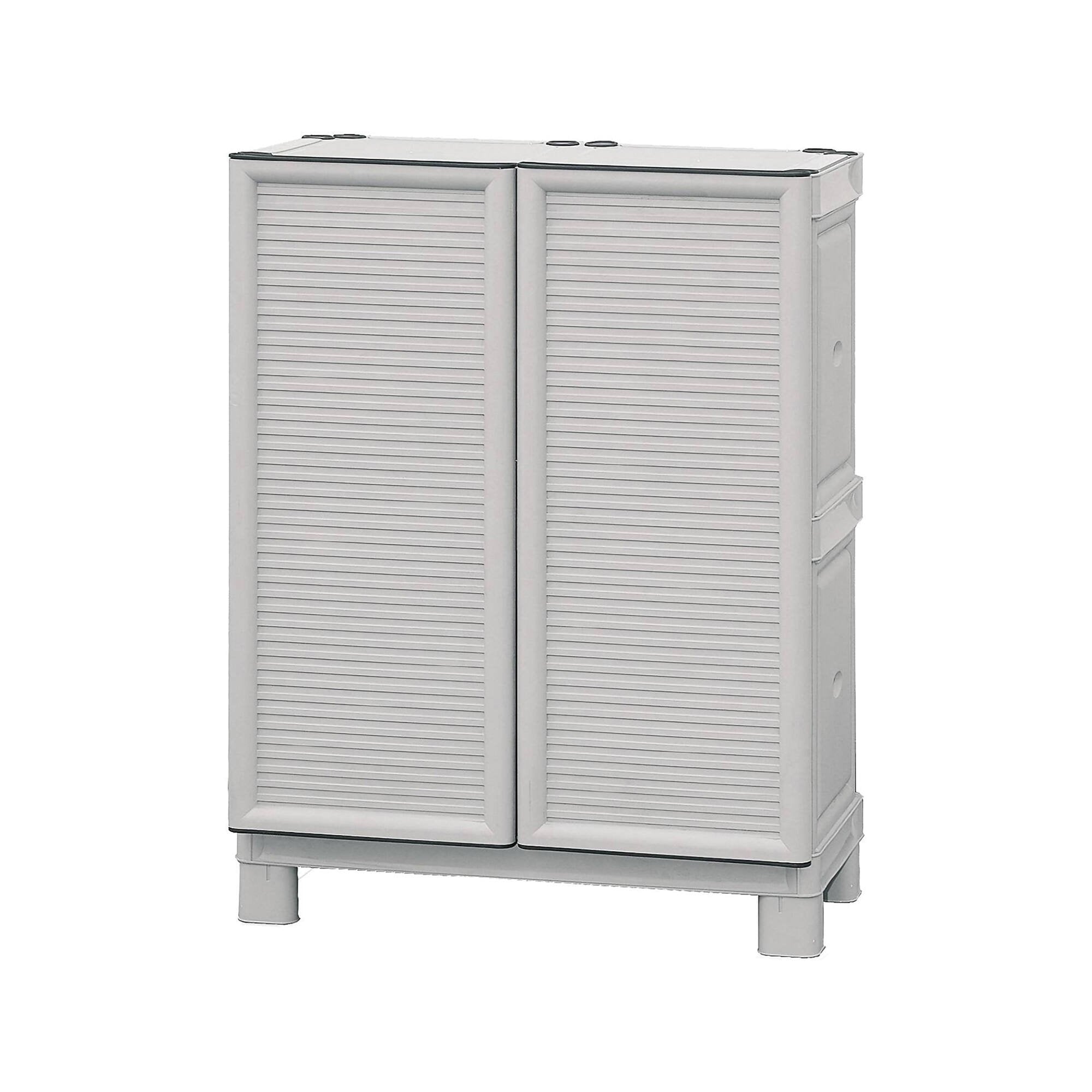 Mobiletto multiuso da esterno o Arlinda, Armadio basso a 2 ante e 1 ripiano in polipropilene, 100% Made in Italy, cm 70x39h92, colore Grigio chiaro