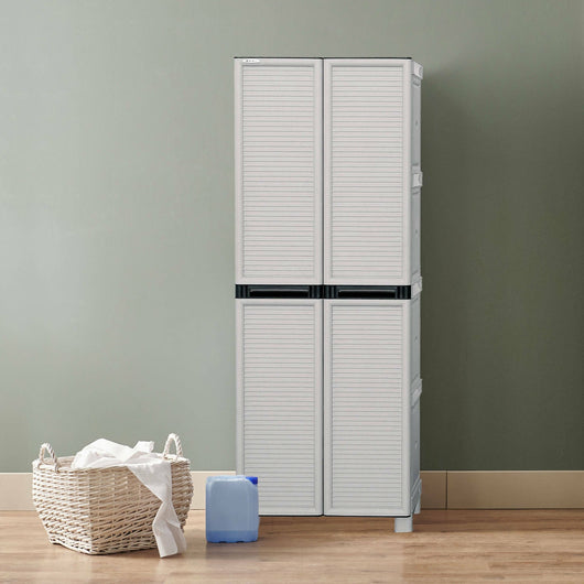 Armadio portascope da esterno o Achae, Mobile a 2 ante 3 ripiani in polipropilene, 100% Made in Italy, cm 70x39h172, colore Grigio chiaro