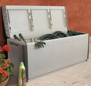 Baule contenitore multiuso Achse, Box portatutto, 100% Made in Italy, cm 138x53h57, colore Grigio chiaro