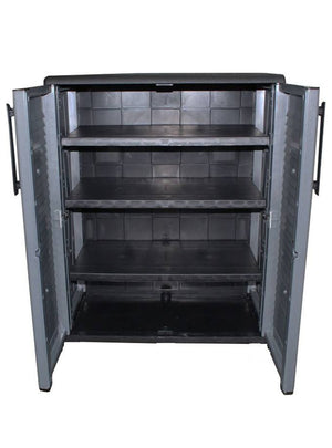 Mobiletto multiuso da esterno o Amordel, Armadio basso a 2 ante e 3 ripiani in polipropilene, 100% Made in Italy, cm 68x37h84, colore Grigio