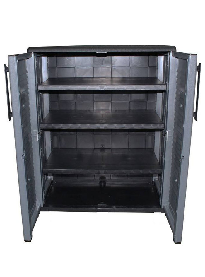 Mobiletto multiuso da esterno o Amordel, Armadio basso a 2 ante e 3 ripiani in polipropilene, 100% Made in Italy, cm 68x37h84, colore Grigio