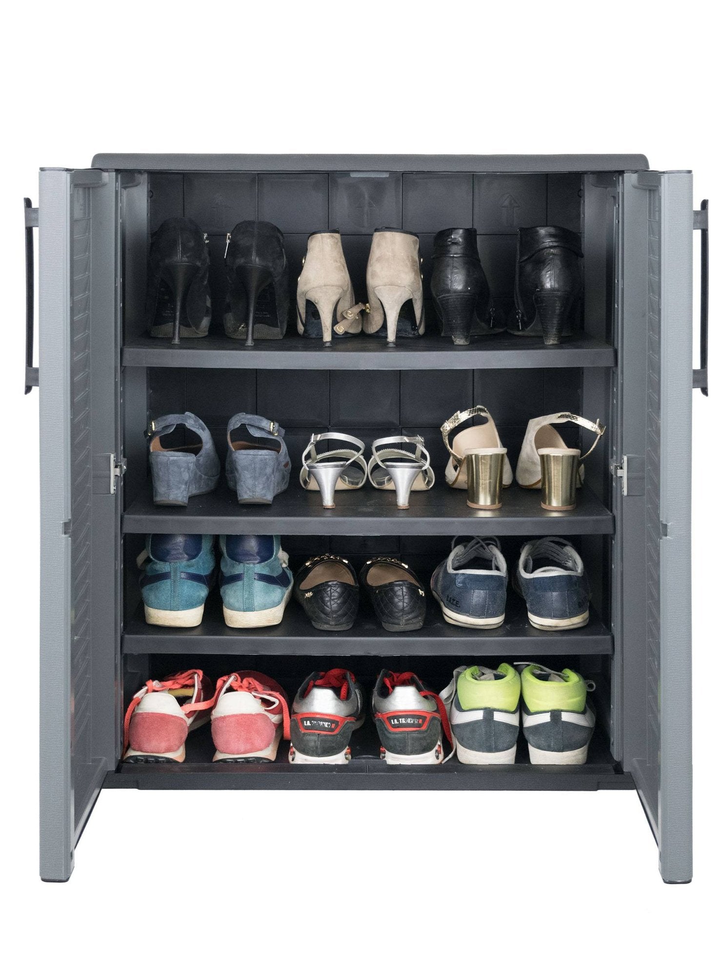 Mobiletto multiuso da esterno o Amordel, Armadio basso a 2 ante e 3 ripiani in polipropilene, 100% Made in Italy, cm 68x37h84, colore Grigio