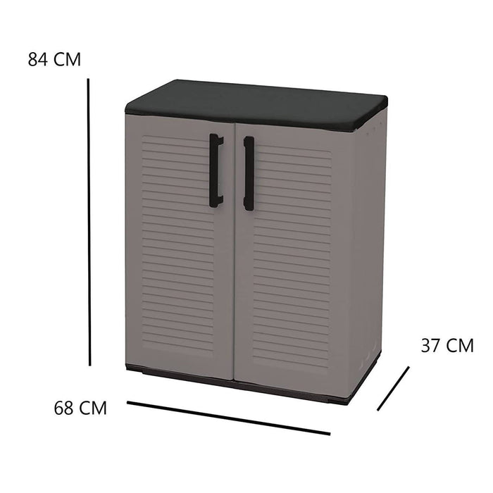 Mobiletto multiuso da esterno o Amordel, Armadio basso a 2 ante e 3 ripiani in polipropilene, 100% Made in Italy, cm 68x37h84, colore Grigio