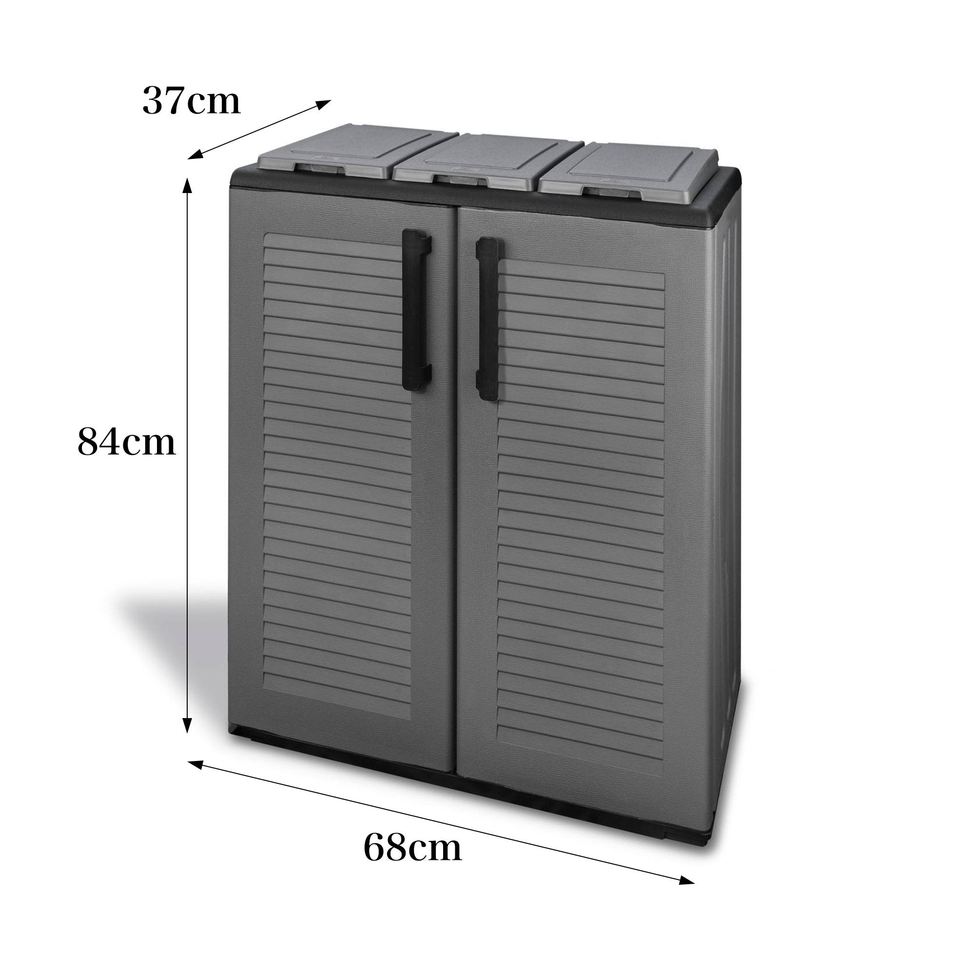 Armadio portarifiuti da esterno o Artan, Mobile porta 3 sacchi a 2 ante per raccolta differenziata, 100% Made in Italy, cm 68x37h84, colore Grigio