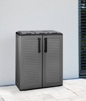 Armadio portarifiuti da esterno o Artan, Mobile porta 3 sacchi a 2 ante per raccolta differenziata, 100% Made in Italy, cm 68x37h84, colore Grigio