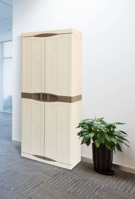 Armadio portascope da esterno o Ipno, Mobile a 2 ante 4 ripiani regolabili in polipropilene, 100% Made in Italy, cm 70x47h178, colore Beige