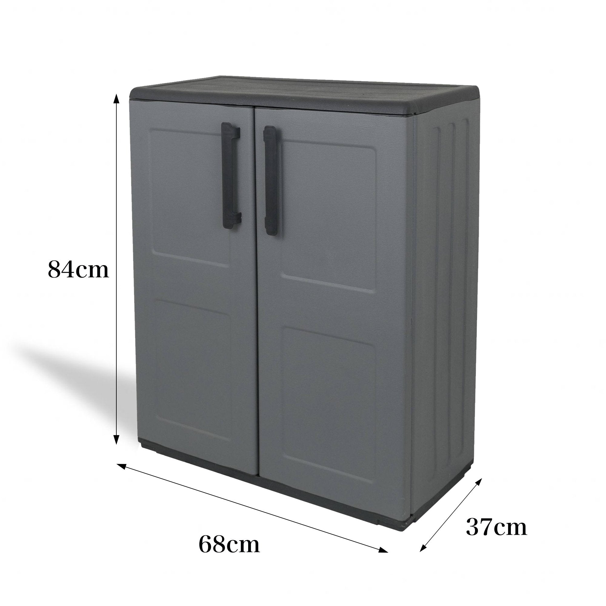 Mobiletto multiuso da esterno o Arisa, Armadio basso a 2 ante e 1 ripiano in polipropilene, 100% Made in Italy, cm 68x37h84, colore Grigio