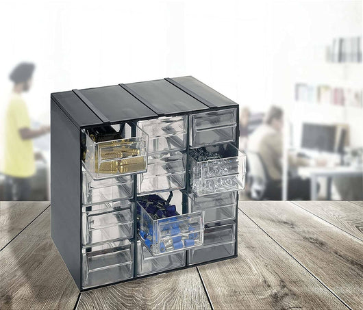 Cassettiera portaminuteria a 12 Adorata, Organiser portaoggetti con Adorata trasparenti, 100% Made in Italy, cm 19x14h23, colore Nero