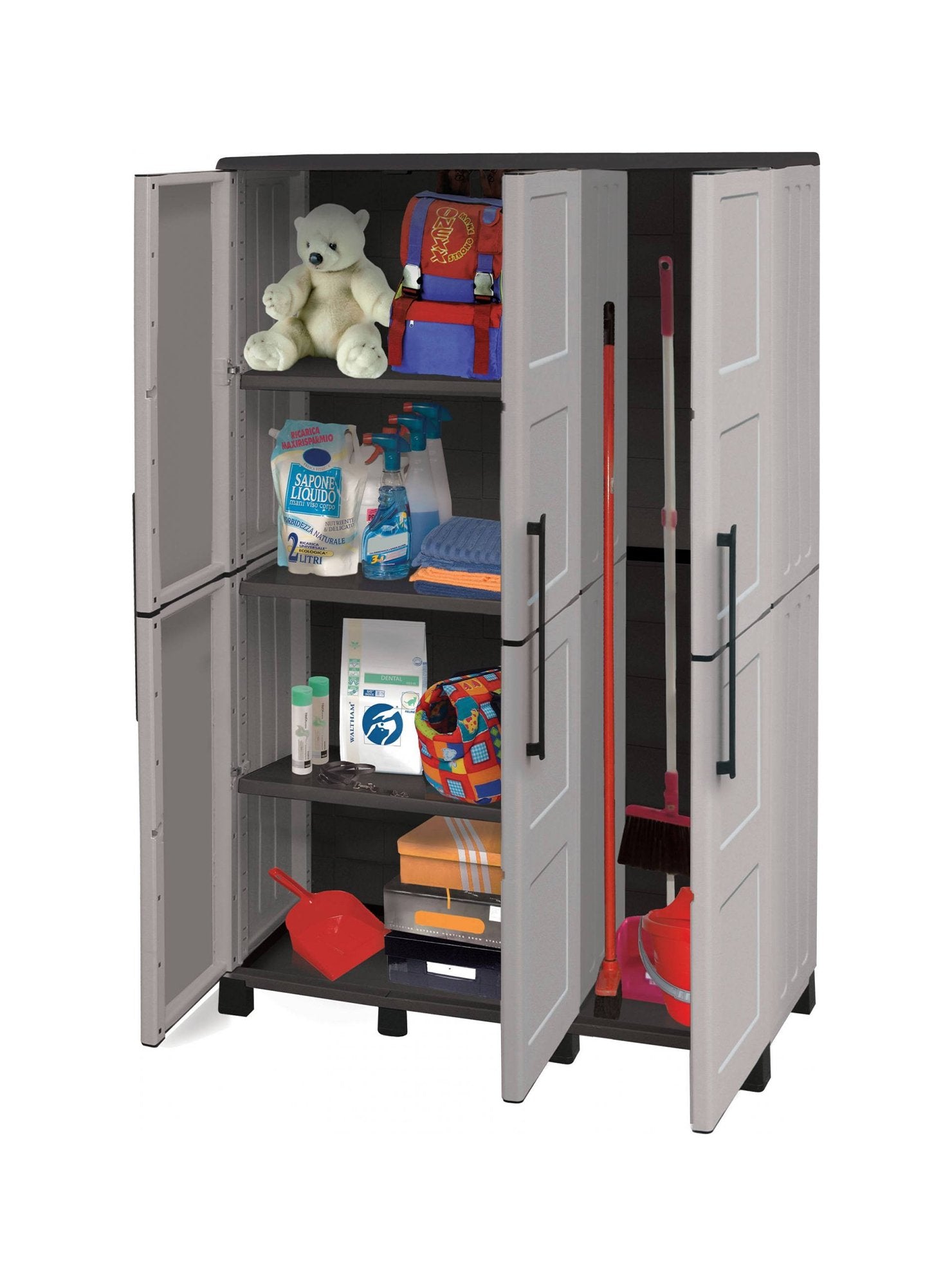 Armadio portascope da esterno o Aruro, Mobile a 3 ante e 3 ripiani in polipropilene, 100% Made in Italy, cm 102x37h169, colore Grigio chiaro