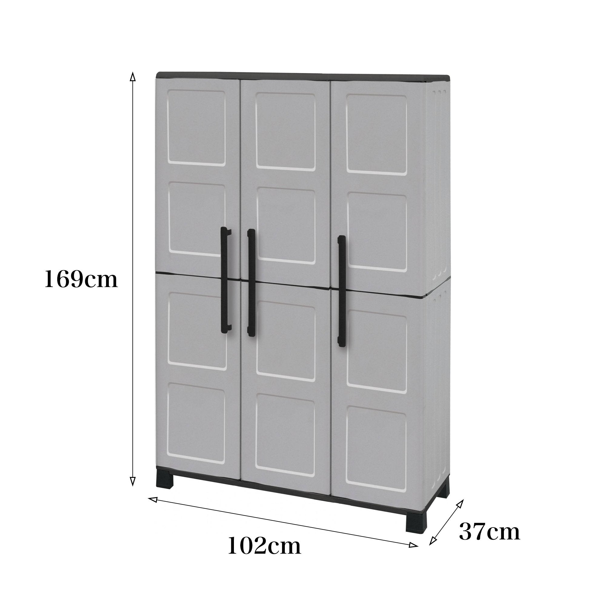 Armadio portascope da esterno o Aruro, Mobile a 3 ante e 3 ripiani in polipropilene, 100% Made in Italy, cm 102x37h169, colore Grigio chiaro