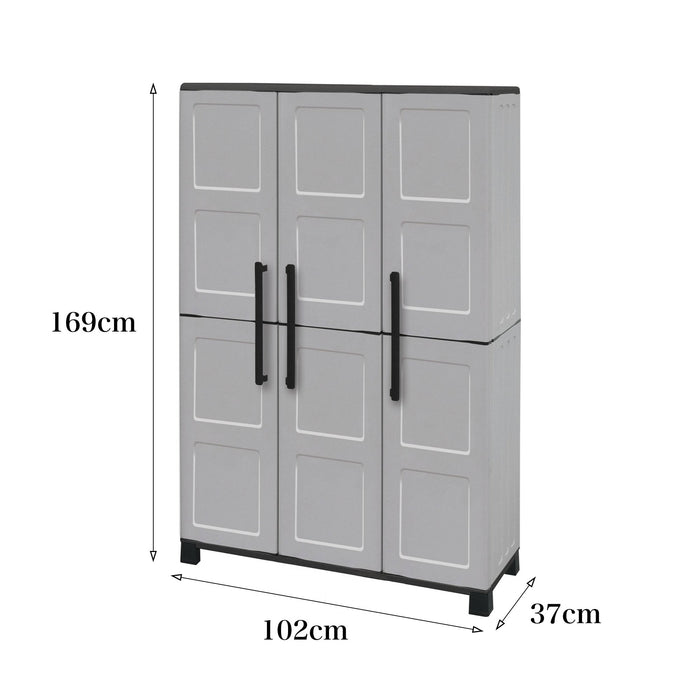 Armadio portascope da esterno o Aruro, Mobile a 3 ante e 3 ripiani in polipropilene, 100% Made in Italy, cm 102x37h169, colore Grigio chiaro
