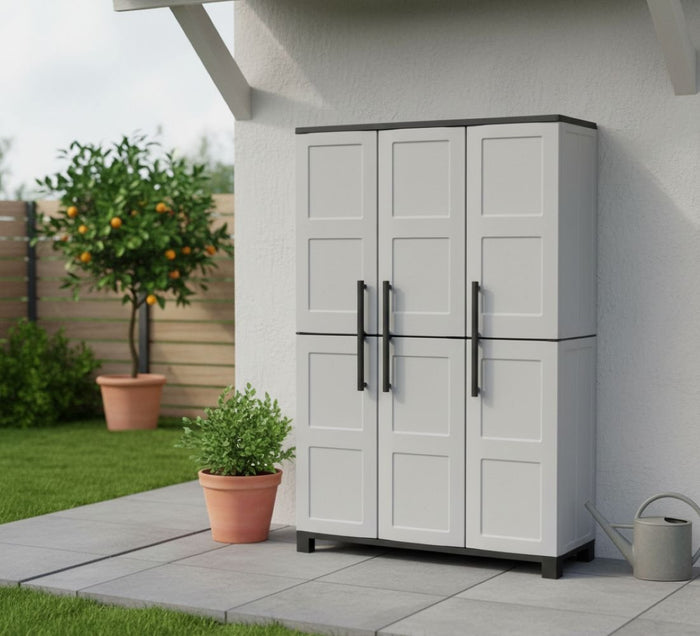 Armadio portascope da esterno o Aruro, Mobile a 3 ante e 3 ripiani in polipropilene, 100% Made in Italy, cm 102x37h169, colore Grigio chiaro