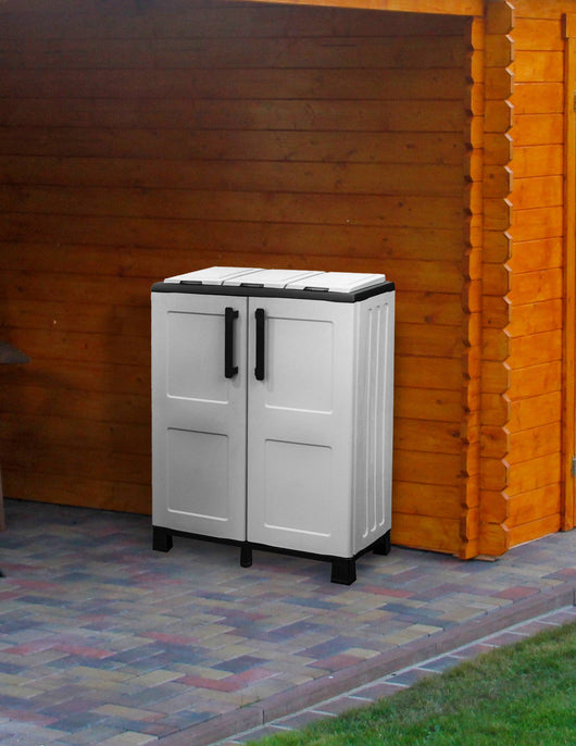 Armadio portarifiuti da esterno o Anthea, Mobile porta 3 sacchi a 2 ante, 100% Made in Italy, cm 68x37h90, colore Grigio chiaro