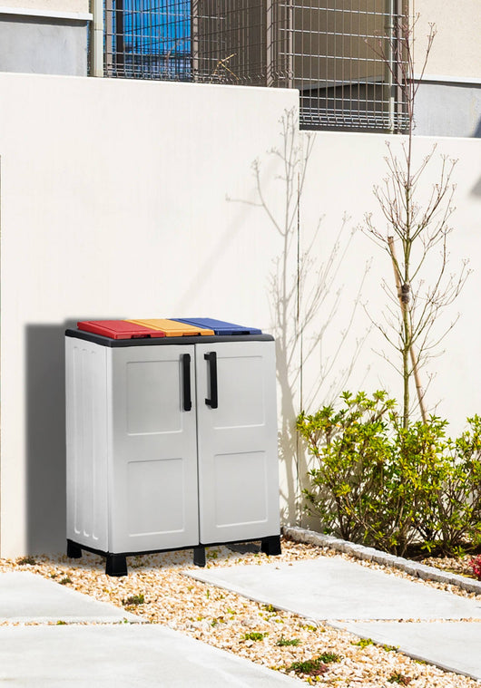 Armadio portarifiuti da esterno o Anthea, Mobile porta 3 sacchi a 2 ante, 100% Made in Italy, cm 68x37h90, colore Grigio chiaro e coperchi colorati