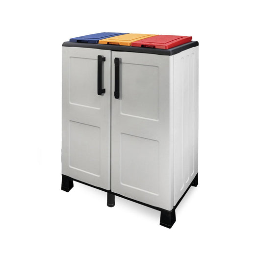 Armadio portarifiuti da esterno o Anthea, Mobile porta 3 sacchi a 2 ante, 100% Made in Italy, cm 68x37h90, colore Grigio chiaro e coperchi colorati