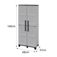 Armadio portascope da esterno o Askan, Mobile a 2 ante e 3 ripiani in polipropilene, 100% Made in Italy, cm 68x37h169, colore Grigio chiaro