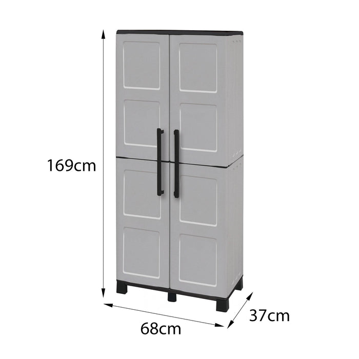 Armadio portascope da esterno o Askan, Mobile a 2 ante e 3 ripiani in polipropilene, 100% Made in Italy, cm 68x37h169, colore Grigio chiaro
