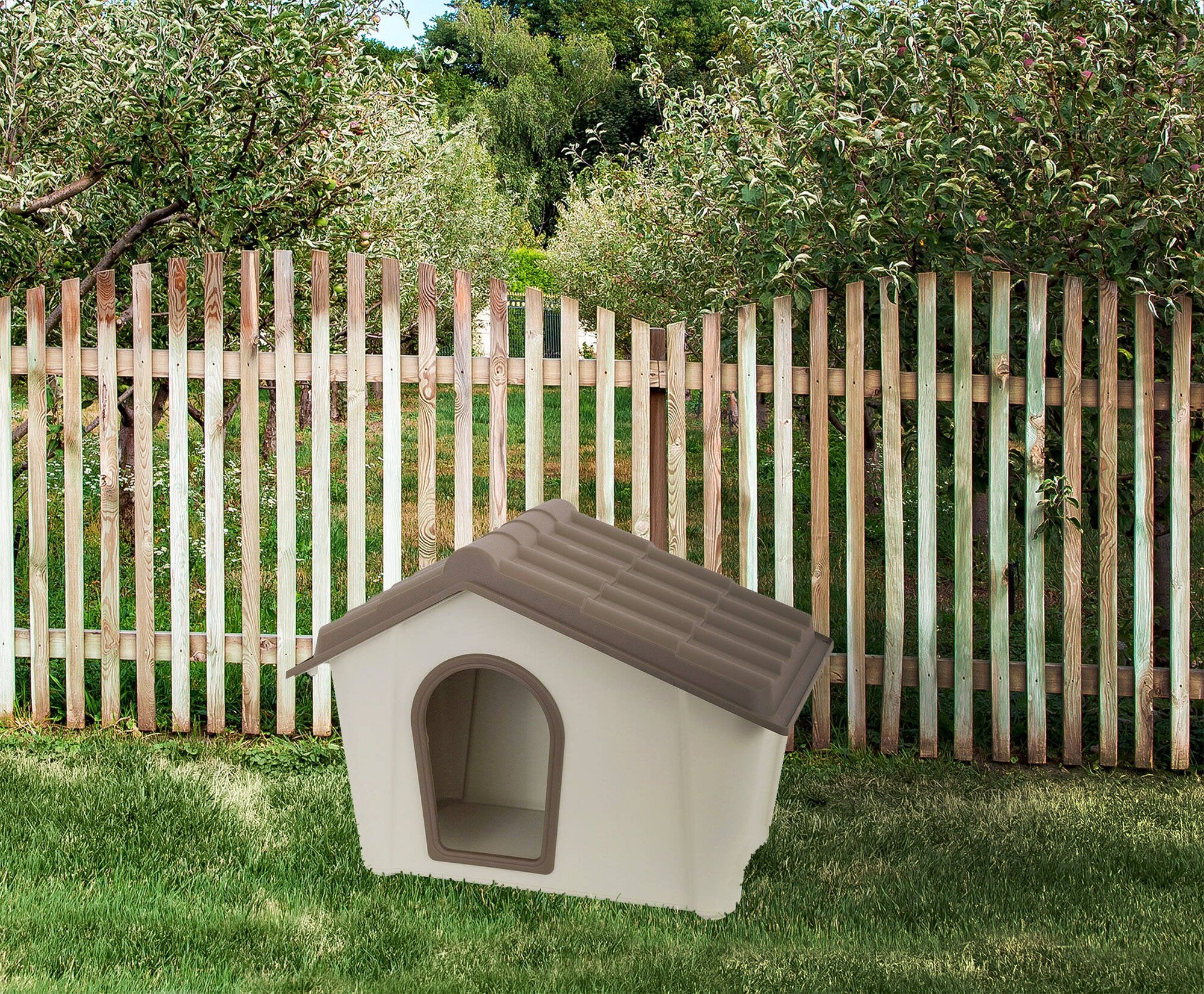 Cuccia in polipropilene da esterno o Avalon, Casetta per cani o gatti, 100% Made in Italy, cm 58x40h42, colore Beige