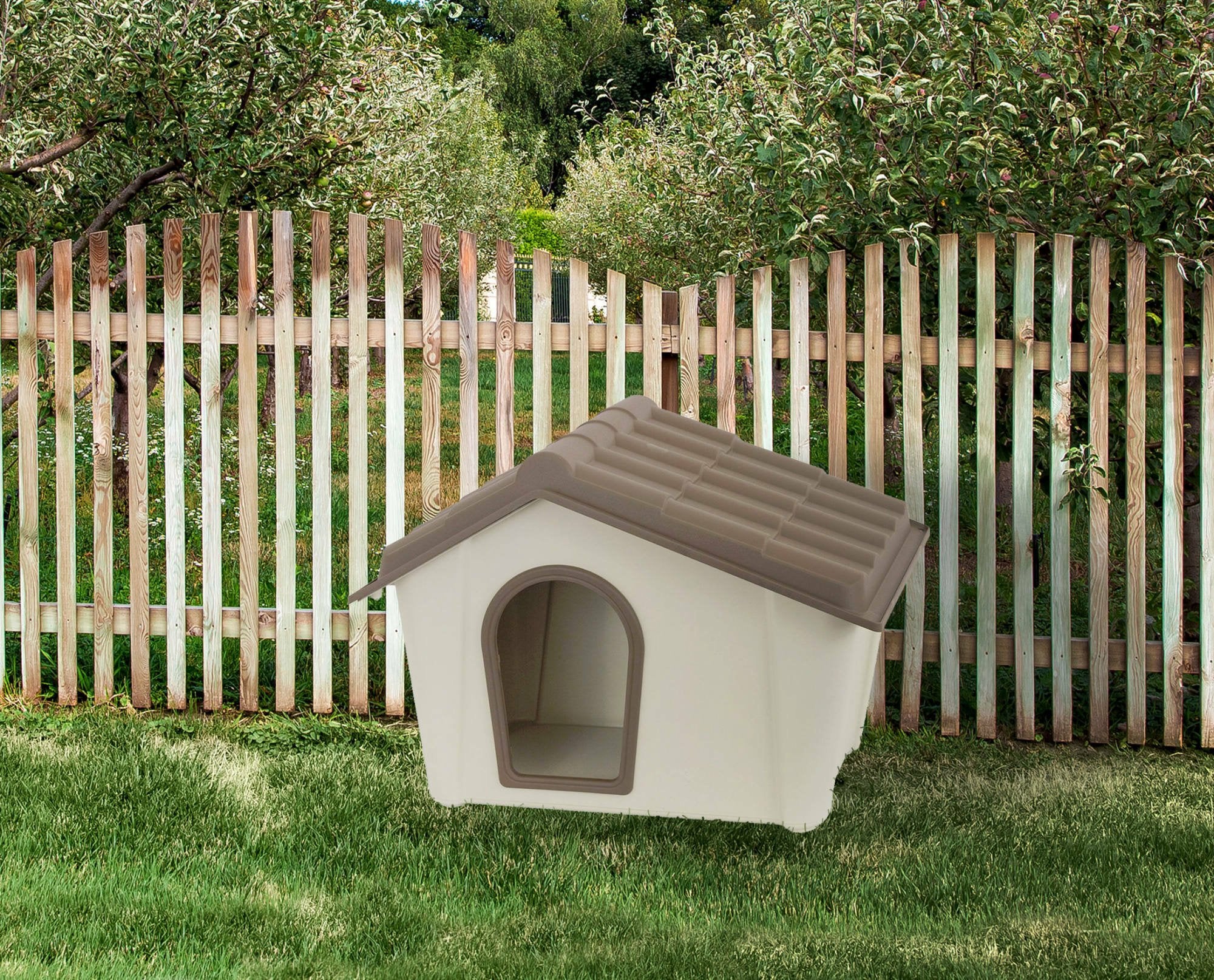 Cuccia in polipropilene da esterno o Avalon, Casetta per cani o gatti, 100% Made in Italy, cm 79x59h61, colore Beige