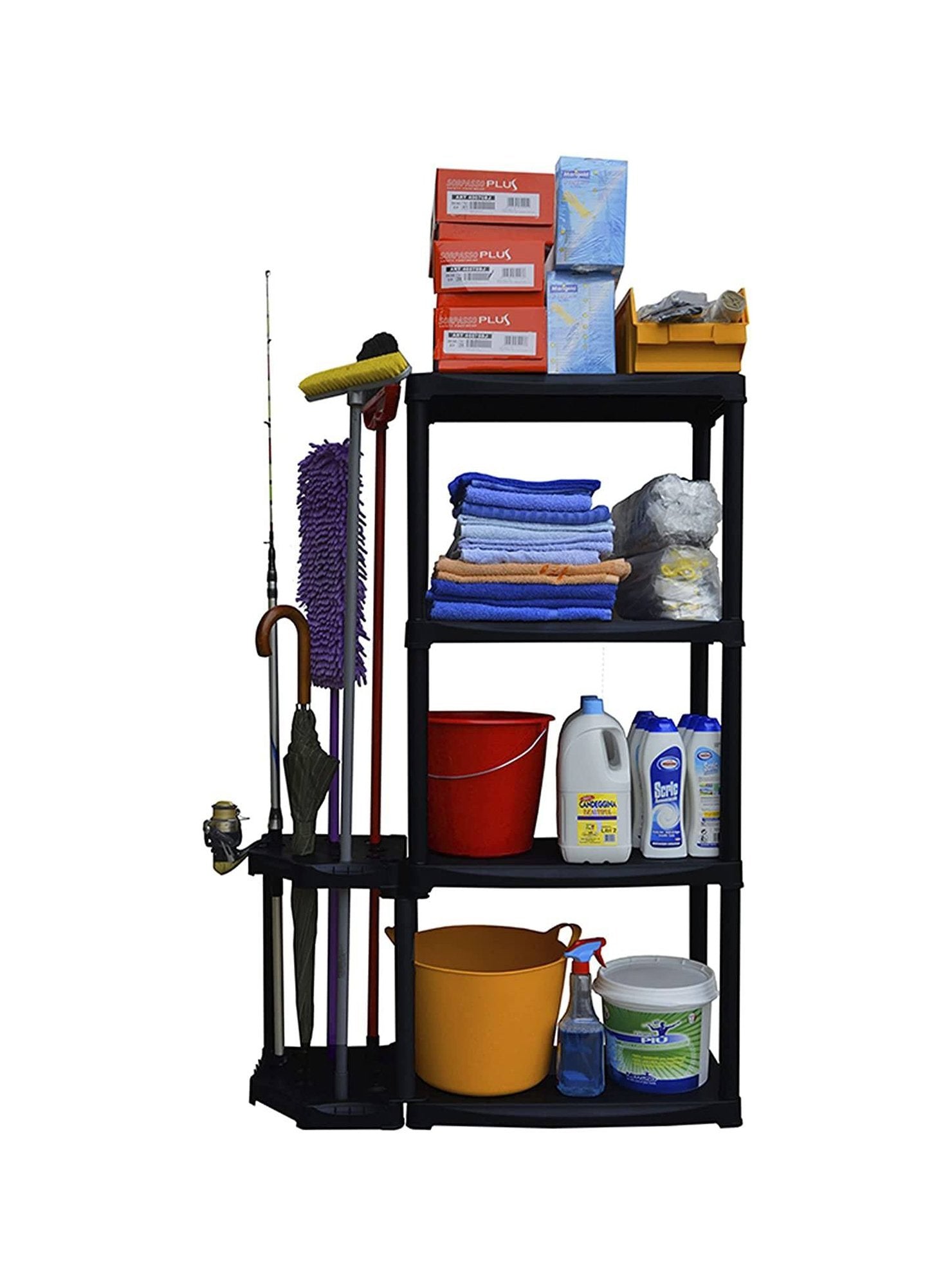 Scaffale ad angolo reversibile con portascope in Blanca, Scaffalatura per interno o esterno, 100% Made in Italy, cm 90x30h133, colore Antracite