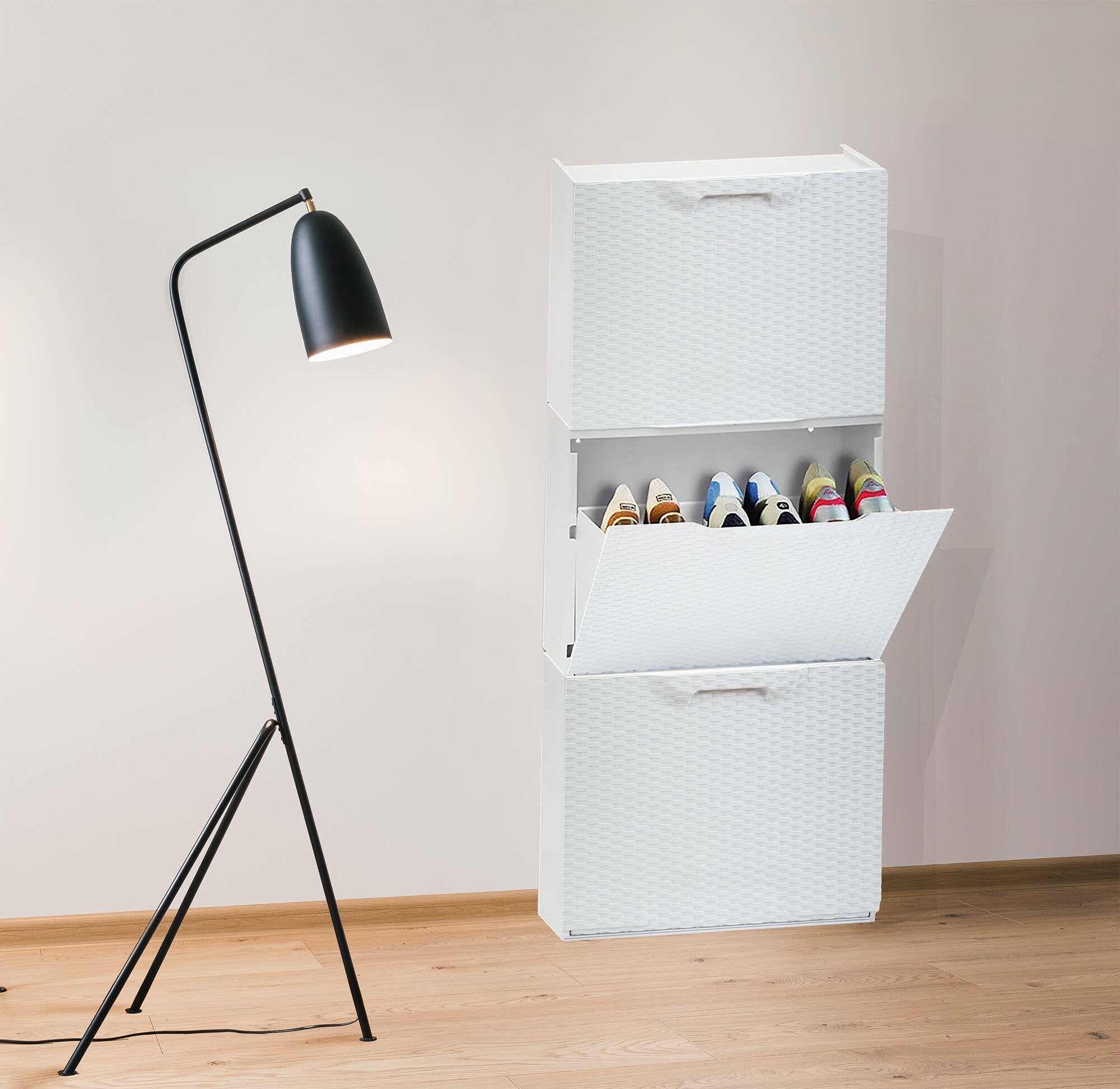 Scarpiera con 1 anta a ribalta in polipropilene effetto Aseo, Set componibile da interno o esterno, 100% Made in Italy, cm 51x18h40, colore Bianco