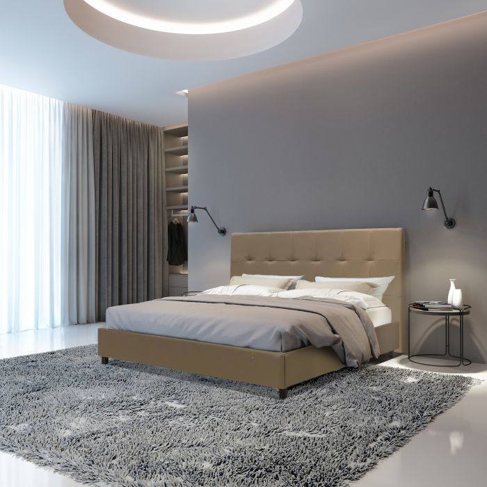 Letto matrimoniale 0, Letto con testiera e rete a doghe inclusa, Made in Italy, Struttura in legno ed ecopelle, adatto per materasso 160x190 Cm, Tortora