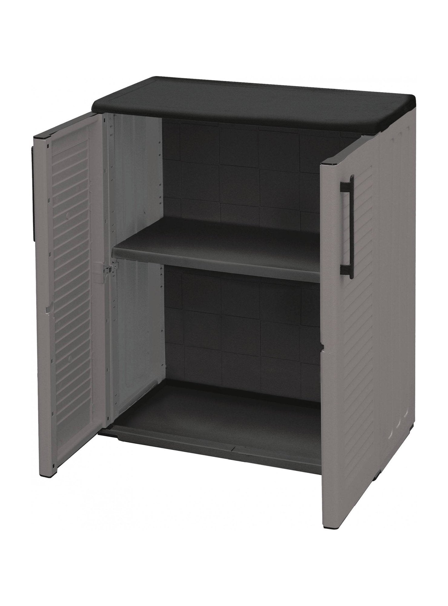 Mobiletto multiuso da esterno o Arisa, Armadio basso a 2 ante e 1 ripiano in polipropilene, Mobile 100% Made in Italy, cm 68x37h84, colore Grigio