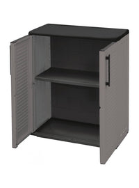 Mobiletto multiuso da esterno o Arisa, Armadio basso a 2 ante e 1 ripiano in polipropilene, Mobile 100% Made in Italy, cm 68x37h84, colore Grigio