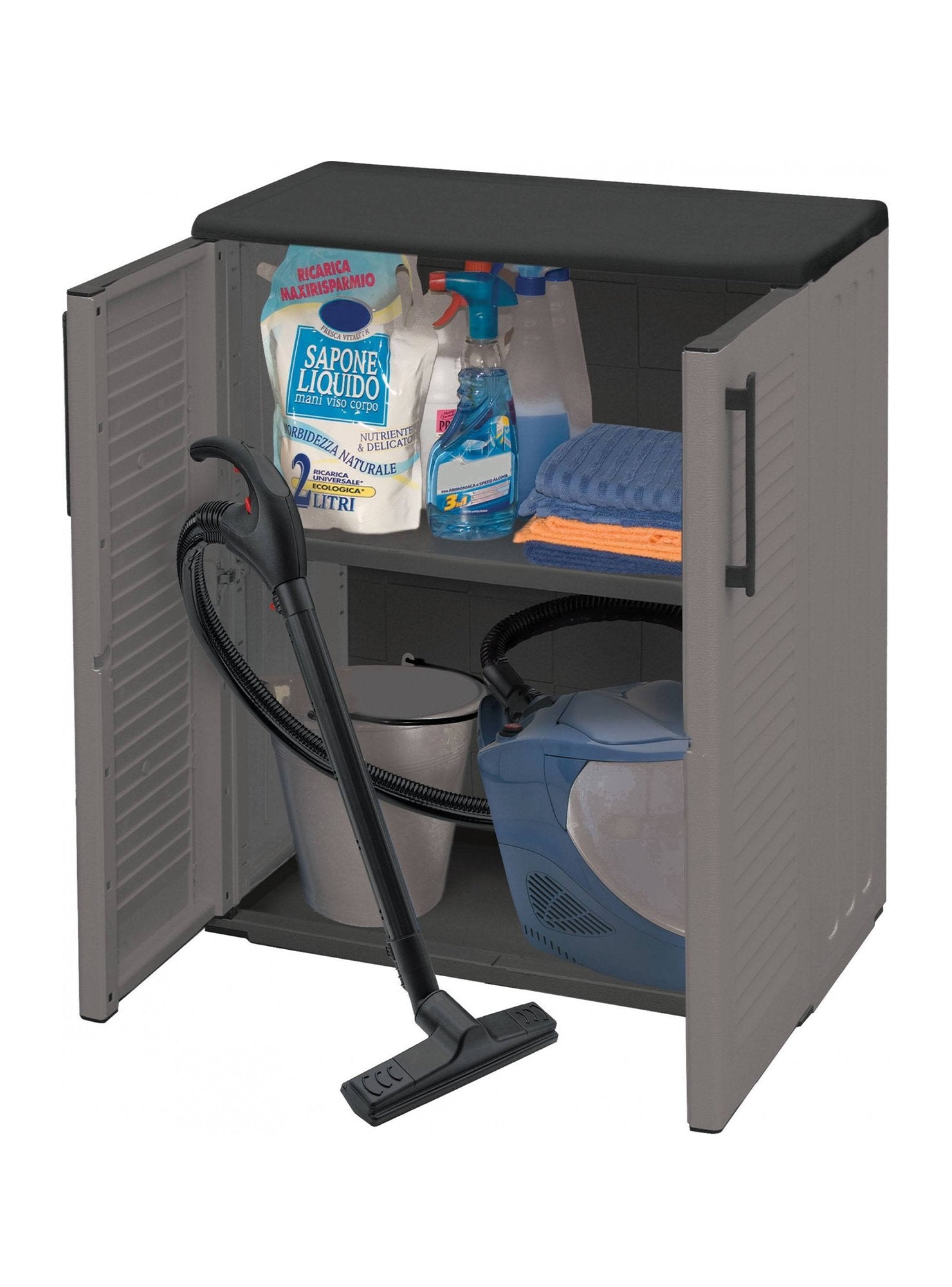 Mobiletto multiuso da esterno o Arisa, Armadio basso a 2 ante e 1 ripiano in polipropilene, Mobile 100% Made in Italy, cm 68x37h84, colore Grigio