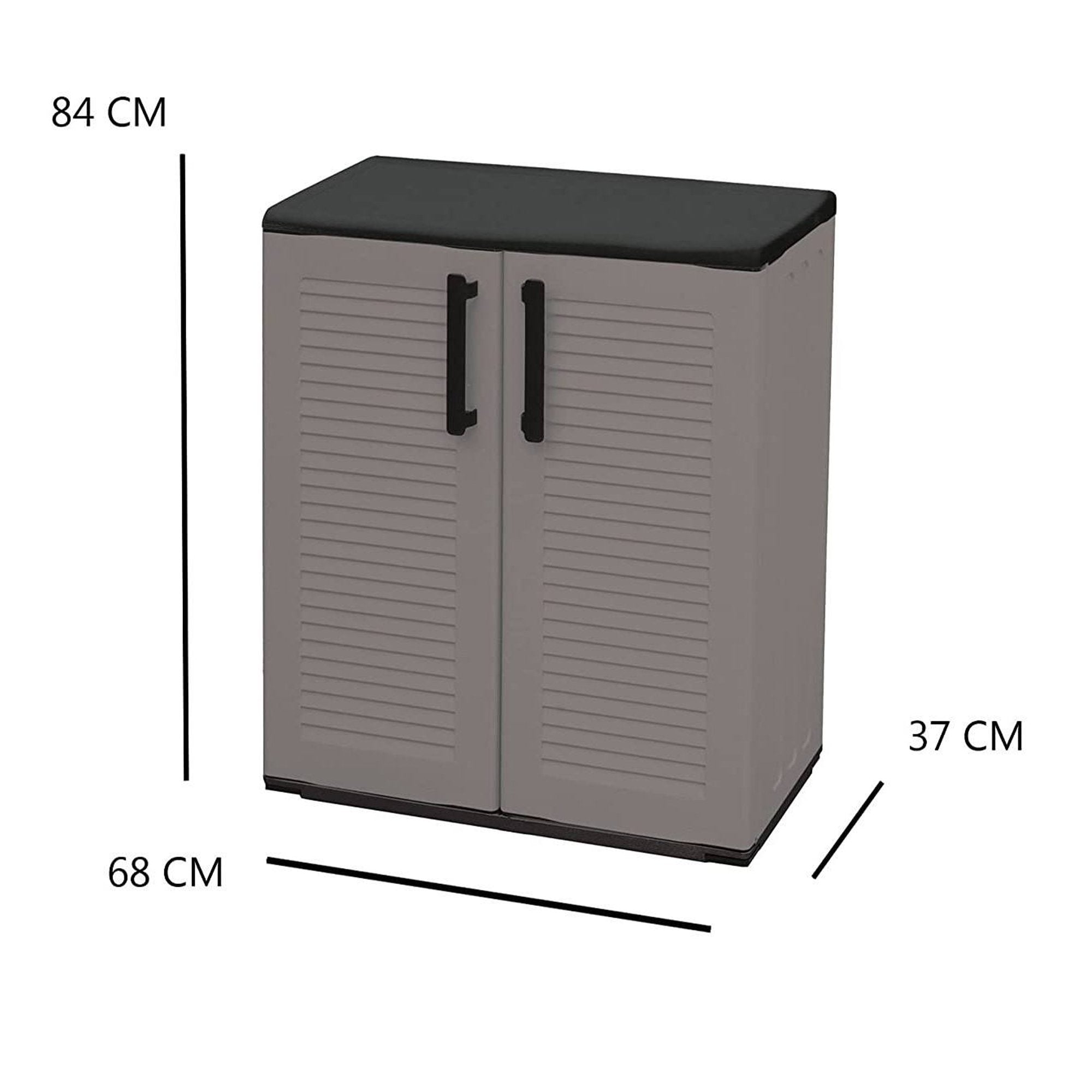 Mobiletto multiuso da esterno o Arisa, Armadio basso a 2 ante e 1 ripiano in polipropilene, Mobile 100% Made in Italy, cm 68x37h84, colore Grigio