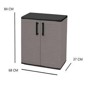 Mobiletto multiuso da esterno o Arisa, Armadio basso a 2 ante e 1 ripiano in polipropilene, Mobile 100% Made in Italy, cm 68x37h84, colore Grigio
