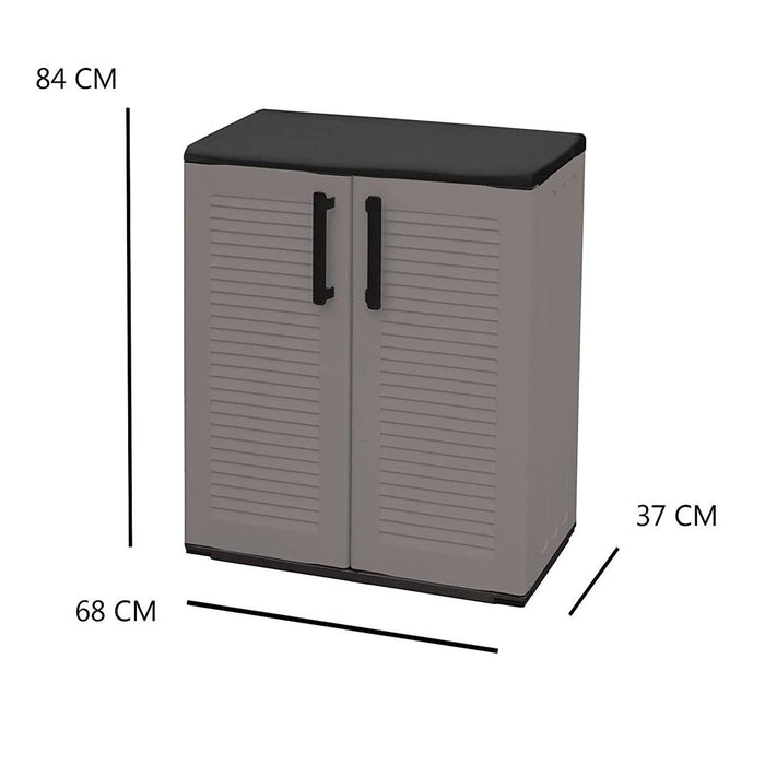 Mobiletto multiuso da esterno o Arisa, Armadio basso a 2 ante e 1 ripiano in polipropilene, Mobile 100% Made in Italy, cm 68x37h84, colore Grigio