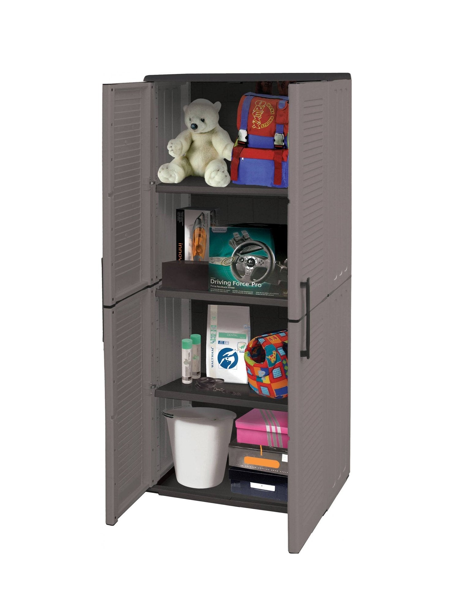 Armadio multiuso da esterno o Akina, Mobile a 2 ante e 3 ripiani regolabili in polipropilene, 100% Made in Italy, cm 68x37h163, colore Grigio