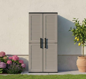 Armadio multiuso da esterno o Akina, Mobile a 2 ante e 3 ripiani regolabili in polipropilene, 100% Made in Italy, cm 68x37h163, colore Grigio