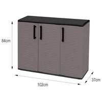 Armadio multiuso da esterno o Aranka, Mobile a 3 ante e 1 ripiano in polipropilene, 100% Made in Italy, cm 102x37h84, colore Grigio