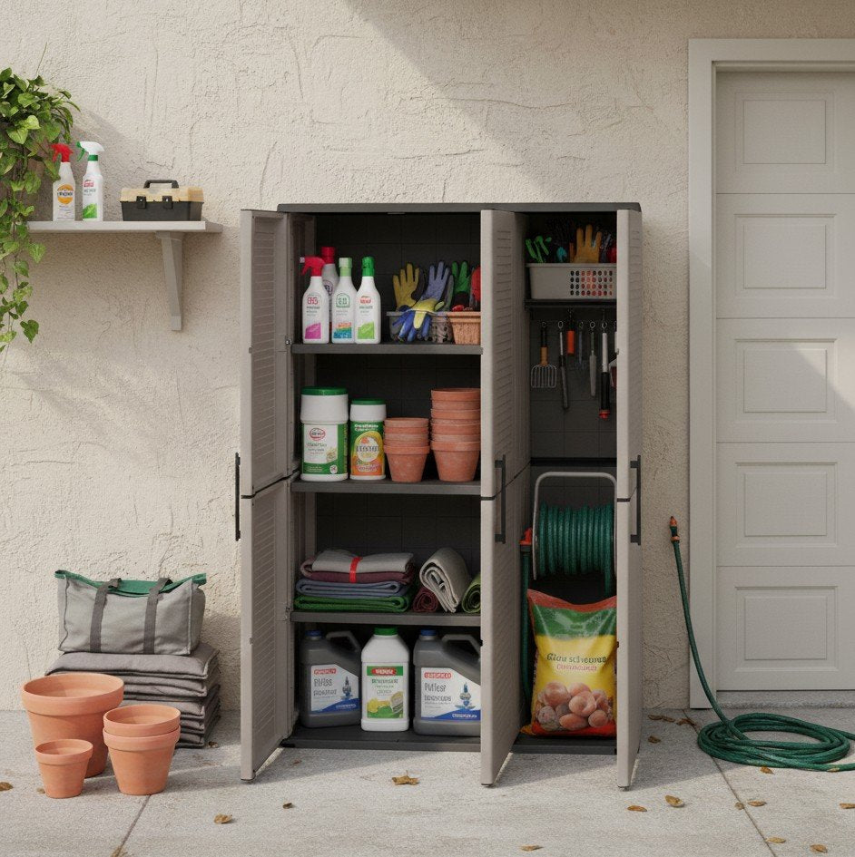 Armadio portascope da esterno o Amordel, Mobile a 3 ante e 3 ripiani regolabili in polipropilene, 100% Made in Italy, cm 102x37h163, colore Grigio