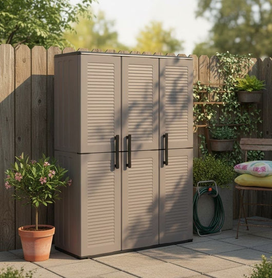 Armadio portascope da esterno o Amordel, Mobile a 3 ante e 3 ripiani regolabili in polipropilene, 100% Made in Italy, cm 102x37h163, colore Grigio