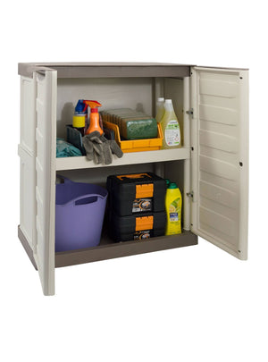 Mobiletto multiuso da esterno o Acira, Armadio basso a 2 ante e 1 ripiano in polipropilene, Mobile 100% Made in Italy, cm 70x39h86, colore Beige