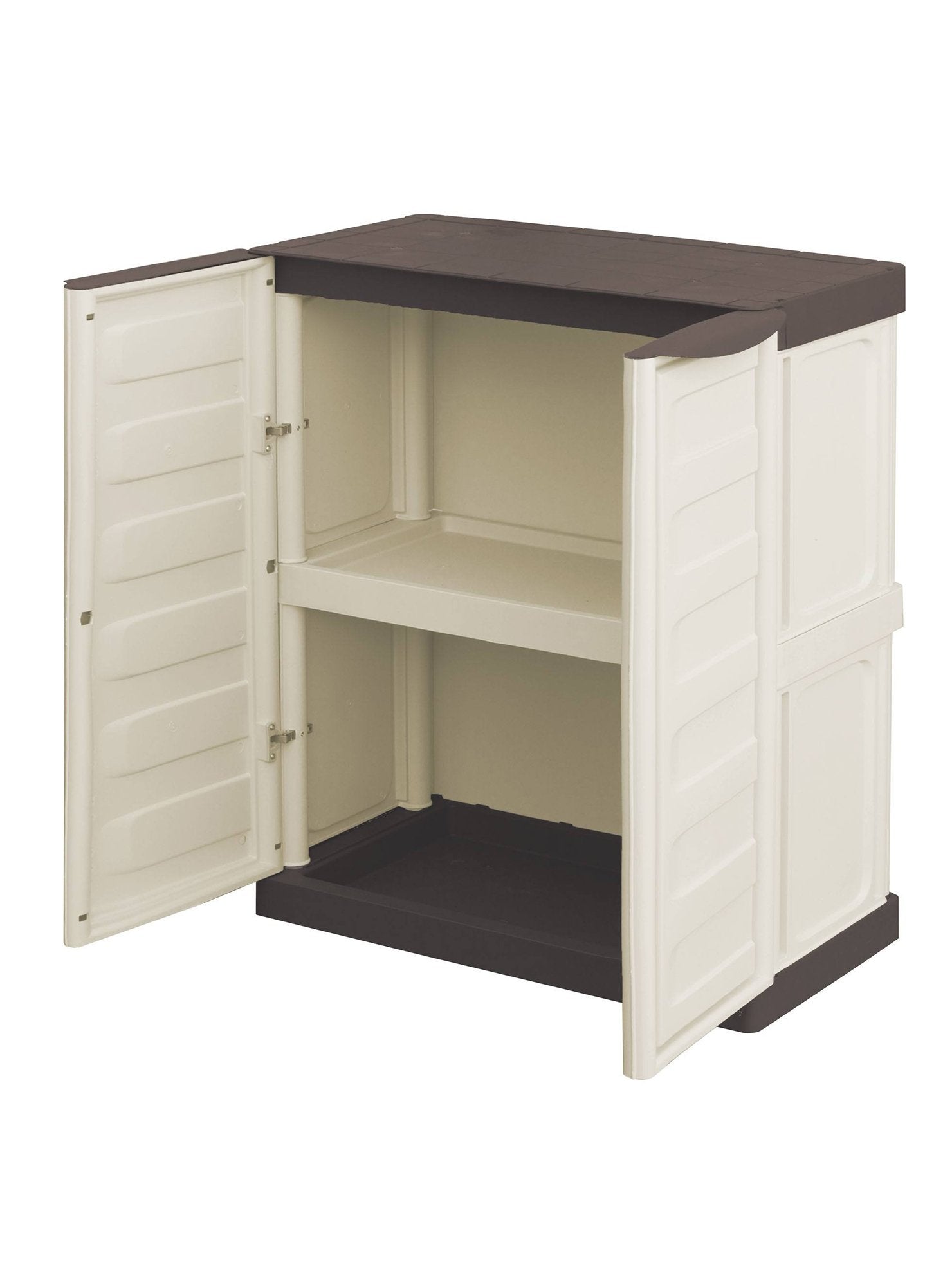 Mobiletto multiuso da esterno o Acira, Armadio basso a 2 ante e 1 ripiano in polipropilene, Mobile 100% Made in Italy, cm 70x39h86, colore Beige