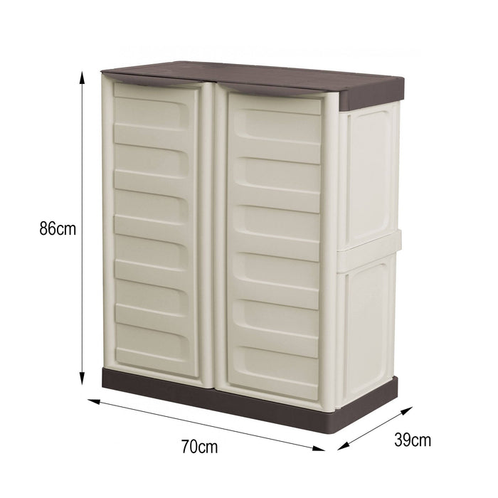 Mobiletto multiuso da esterno o Acira, Armadio basso a 2 ante e 1 ripiano in polipropilene, Mobile 100% Made in Italy, cm 70x39h86, colore Beige