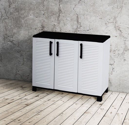 Armadio multiuso da esterno o Alaghesia, Mobile a 3 ante e 1 ripiano in polipropilene, 100% Made in Italy, cm 102x37h90, colore Grigio