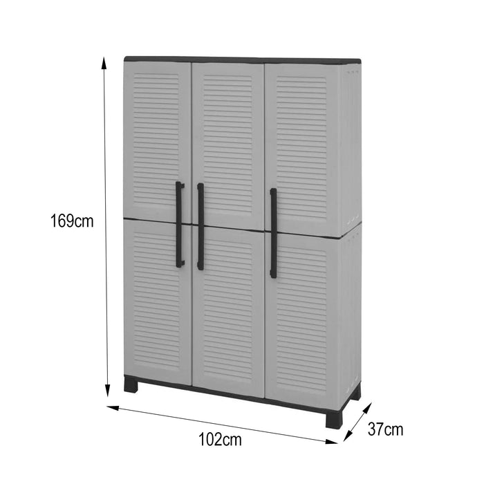 Armadio portascope da esterno o Aruro, Mobile a 3 ante e 3 ripiani regolabili in polipropilene, 100% Made in Italy, cm 102x37h169, colore Grigio
