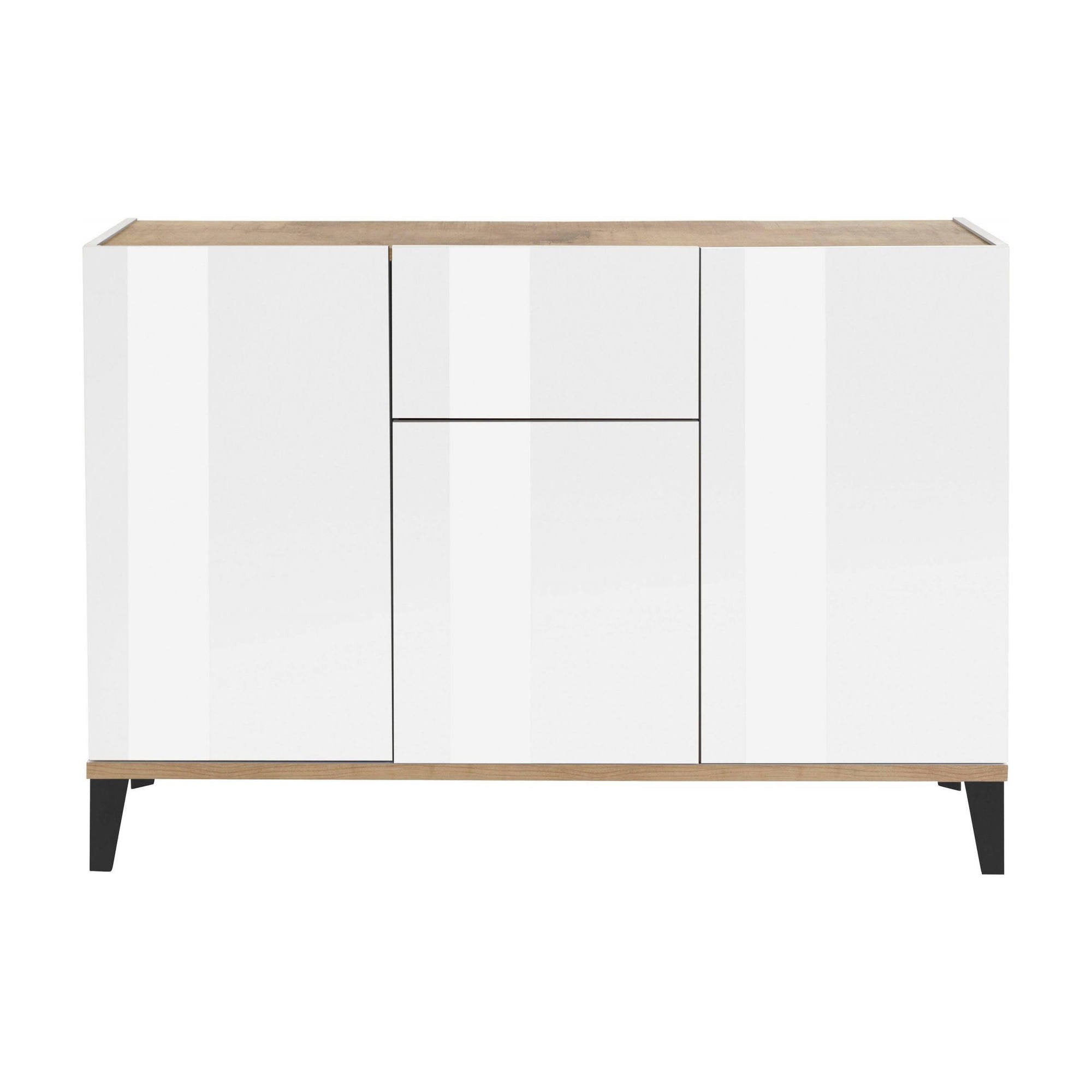 Credenza moderna a 3 ante e 1 Albatross, Made in Italy, Madia da cucina rialzata, Buffet di design da soggiorno, Cm 120x40h82, Bianco lucido e Acero