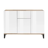 Credenza moderna a 3 ante e 1 Albatross, Made in Italy, Madia da cucina rialzata, Buffet di design da soggiorno, Cm 120x40h82, Bianco lucido e Acero