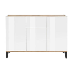 Credenza moderna a 3 ante e 1 Albatross, Made in Italy, Madia da cucina rialzata, Buffet di design da soggiorno, Cm 120x40h82, Bianco lucido e Acero