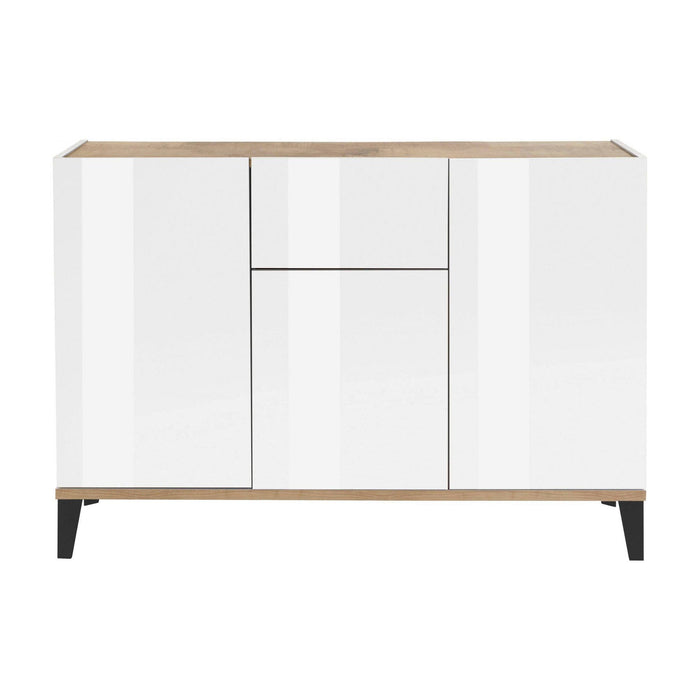 Credenza moderna a 3 ante e 1 Albatross, Made in Italy, Madia da cucina rialzata, Buffet di design da soggiorno, Cm 120x40h82, Bianco lucido e Acero